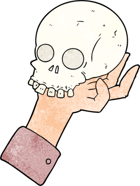 Bir insan tarafından çizilmiş kafatasını tutan bir el.