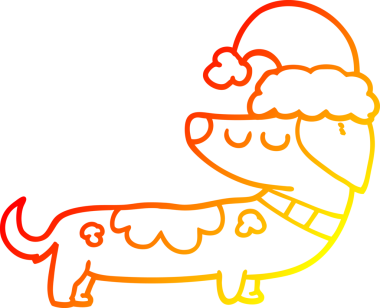 Bir insan tarafından çizilmiş bir Noel şapkası giyen çizgi film köpeğinin sıcak çizgi çizimi