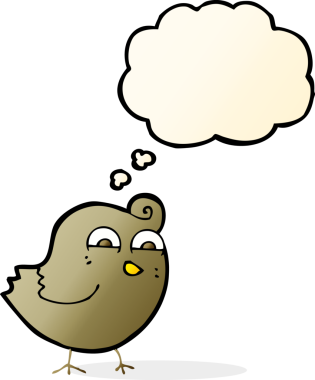 Bir insan tarafından çizilmiş düşünce baloncuklu komik kuş.