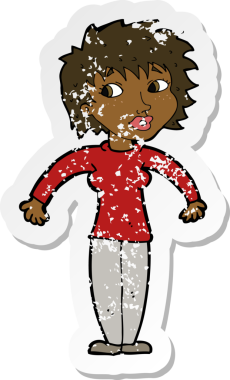 Bir insan tarafından çizilmiş omuzlarını silken karikatürlü bir kadının gerilmiş çıkartması.