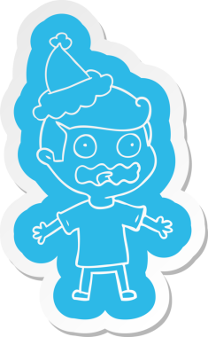 Bir insan tarafından çizilmiş Noel Baba şapkasıyla strese girmiş bir adamın garip çizgi film etiketi.