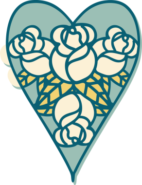 Geleneksel kalp stili dövme çıkartması ve bir insan tarafından çizilmiş çiçekler.