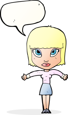 Bir insan tarafından çizilmiş bir konuşma balonuyla omuz silken karikatür kadın.