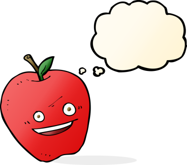 Bir insan tarafından çizilmiş düşünce balonlu mutlu elma çizgi filmi.