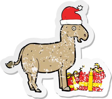 Bir insan tarafından çizilmiş bir karikatür noel eşeğinin gerilimli çıkartması.