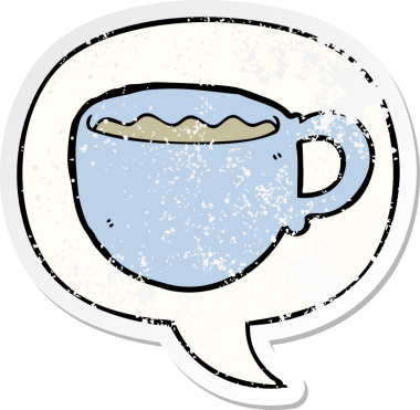 Konuşma balonlu çizgi film kahve fincanı bir insan tarafından çizilmiş sıkıntılı eski bir çıkartma