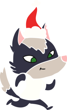 Bir insan tarafından çizilmiş Noel Baba şapkası takan bir kurt resmi.