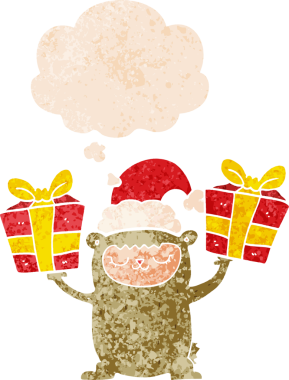 Düşünce baloncuklu çizgi film Noel ayısı grunge sıkıntılı retro dokulu bir insan tarafından çizilmiş