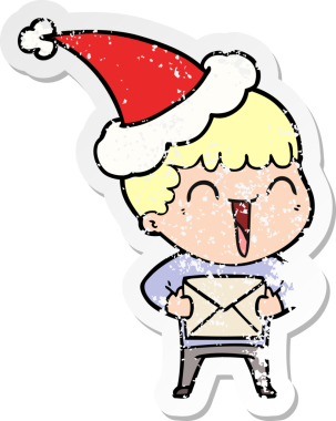 Bir insan tarafından çizilmiş Noel Baba şapkası giymiş mutlu bir adamın el çizimi çıkartması.