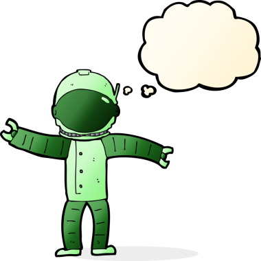 Bir insan tarafından çizilmiş düşünce baloncuklu astronot.