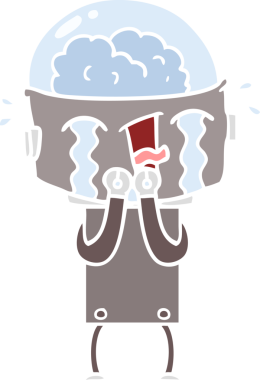 Bir insan tarafından çizilmiş düz renkli karikatür ağlayan robot.