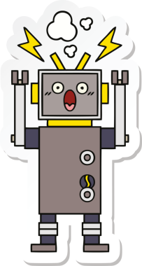 Bir insan tarafından çizilmiş arızalı sevimli bir robot karikatürü çıkartması.