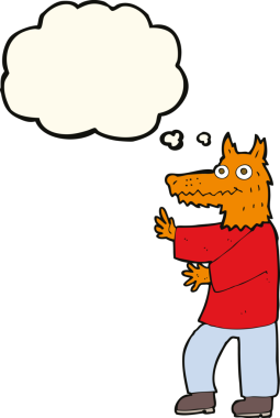 Bir insan tarafından çizilmiş düşünce balonlu komik tilki adam.