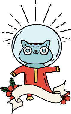 Bir insan tarafından çizilmiş astronot kostümlü dövme stili bir kedi.
