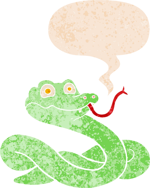 Bir insan tarafından çizilmiş grunge dertli retro tarzı konuşma baloncuğu ile çizgi film yılanı