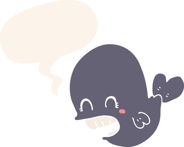 Konuşma baloncuğu olan çizgi film balinası insan tarafından çizilmiş.