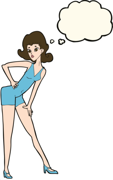 Bir insan tarafından çizilmiş düşünce balonuyla poz veren karikatür modeli kadın.