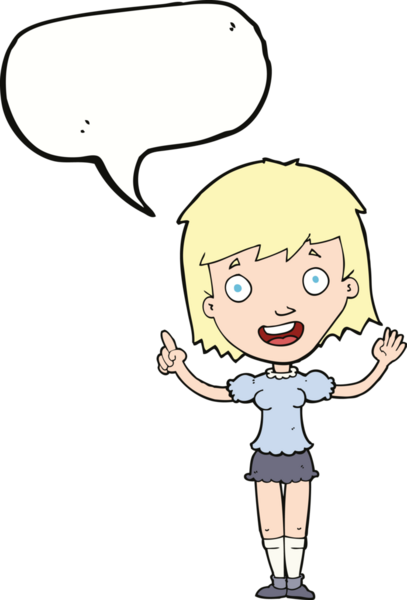 Bir insan tarafından çizilmiş bir konuşma balonuyla işaret eden çizgi film kadını.