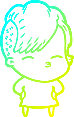 Bir insan tarafından çizilmiş, gözlerini kısarak bakan bir çizgi film karakteri.