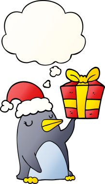 Karikatür pengueni, noel hediyesi olarak bir insan tarafından çizilmiş düşünce baloncuğuyla birlikte.