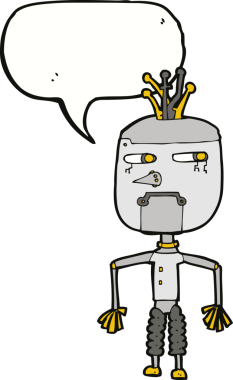 Bir insan tarafından çizilmiş konuşma balonu olan çizgi film robotu.