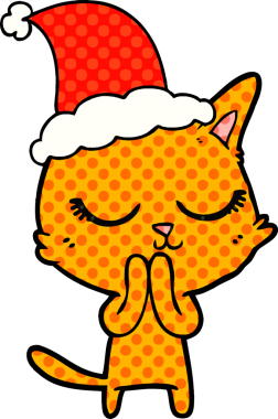 Sakin bir el çizimi çizgi roman tarzı Noel Baba şapkası takan bir kedinin bir insan tarafından çizilmiş resmi.