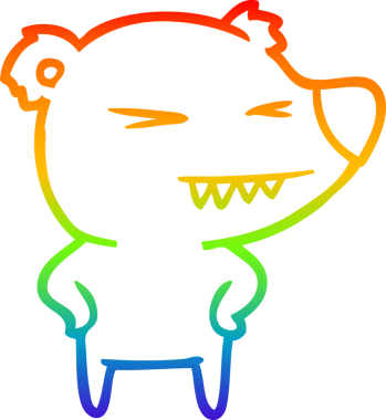 Gökkuşağı gradyan çizgi çizimi kızgın ayı karikatürü elleri kalçasında bir insan tarafından çizilmiş.