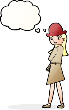 Bir insan tarafından çizilmiş düşünce balonlu kadın casus.