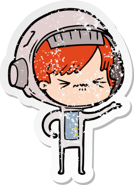 Bir insan tarafından çizilmiş karikatür astronot kadının sıkıntılı çıkartması.