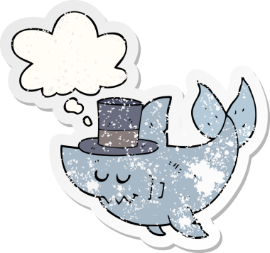 Düşünce baloncuklu silindir şapka takan çizgi film köpekbalığı bir insan tarafından çizilmiş yıpranmış bir çıkartma.