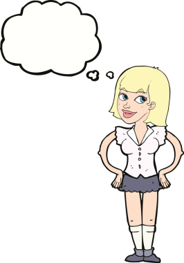 Bir insan tarafından çizilmiş düşünce baloncuğu olan elleri kalçasında çizgi film kadını.