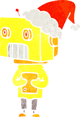 Bir insan tarafından çizilmiş Noel Baba şapkası giyen bir robotun el çizimi karikatürü.