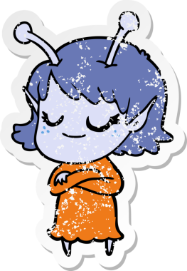 Bir insan tarafından çizilmiş gülümseyen uzaylı kız çizgi filminin sıkıntılı çıkartması.