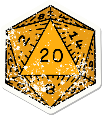 Bir insan tarafından çizilmiş 20 D20 zarının grunge sticker 'ı.