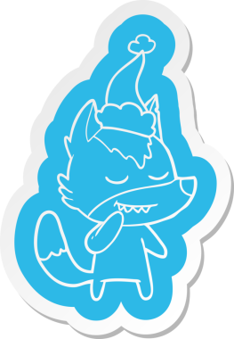 Bir insan tarafından çizilmiş Noel Baba şapkası takan bir kurdun dostça bir çizgi film çıkartması.