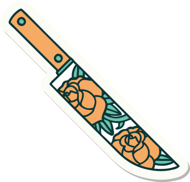 Geleneksel bir hançer stili dövme çıkartması ve bir insan tarafından çizilmiş çiçekler.