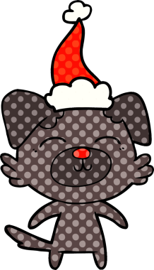 Bir insan tarafından çizilmiş Noel Baba şapkası takan bir köpeğin el çizimi çizgi roman tasviri.