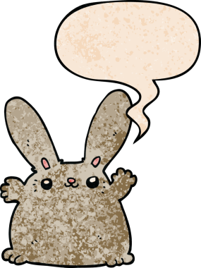 Konuşma baloncuklu çizgi film tavşanı insan tarafından çizilmiş.