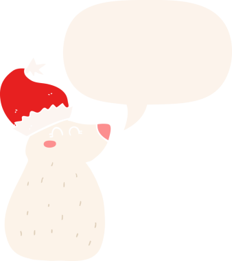 Bir insan tarafından çizilmiş eski moda konuşma baloncuklu Noel şapkası takan çizgi film ayısı.