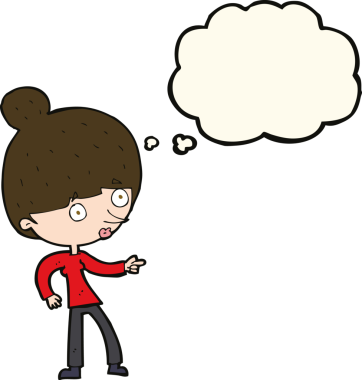 Bir insan tarafından çizilmiş düşünce balonuyla işaret eden çizgi film kadını.