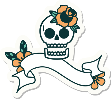 Bir insan tarafından çizilmiş kafatası ve gül şeklinde dövme stili.