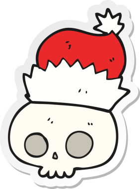 Bir insan tarafından çizilmiş Noel şapkası giyen bir karikatür kafatası çıkartması.