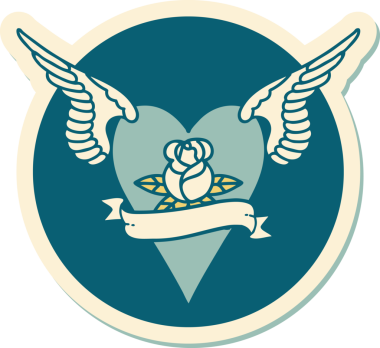 Geleneksel bir dövme stili. Uçan kalp. Çiçekler ve bir insan tarafından çizilmiş bayrak.