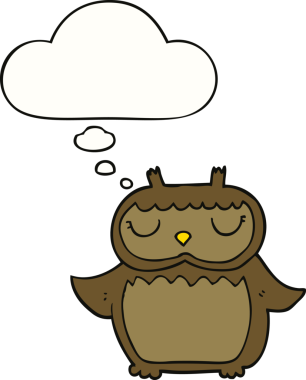 Bir insan tarafından çizilmiş düşünce baloncuklu çizgi film baykuşu