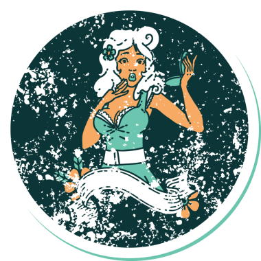 İkonik sıkıntılı dövme stili, afişi bir insan tarafından çizilmiş afiş ile şaşırtılmış bir kızın resmi.