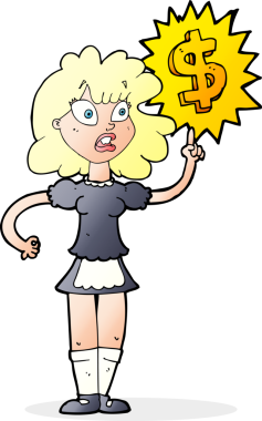 Bir insan tarafından çizilmiş para sembolü olan çizgi film garsonu.