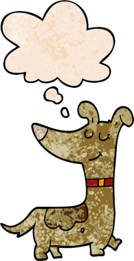 Bir insan tarafından çizilmiş grunge desenli düşünce baloncuğu olan çizgi film köpeği.