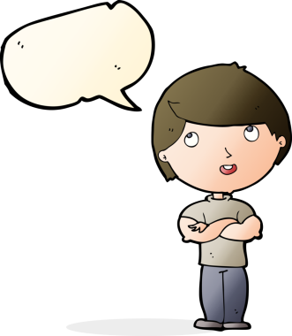 Bir insan tarafından çizilmiş konuşma baloncuğu olan katlanmış kollu mutlu bir adam.