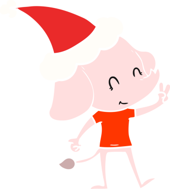 Bir insan tarafından çizilmiş Noel Baba şapkası takan bir filin düz renkli çizimi.