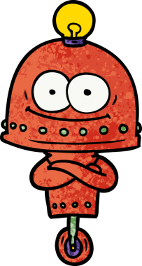 Bir insan tarafından çizilmiş ampullü mutlu karton robot.